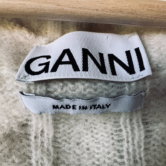 Ganni Cable Knit Keyhole Alpaca Blend Sweater Mock Neck Cut Out Zip Up Ivory - Picture 4 of 16